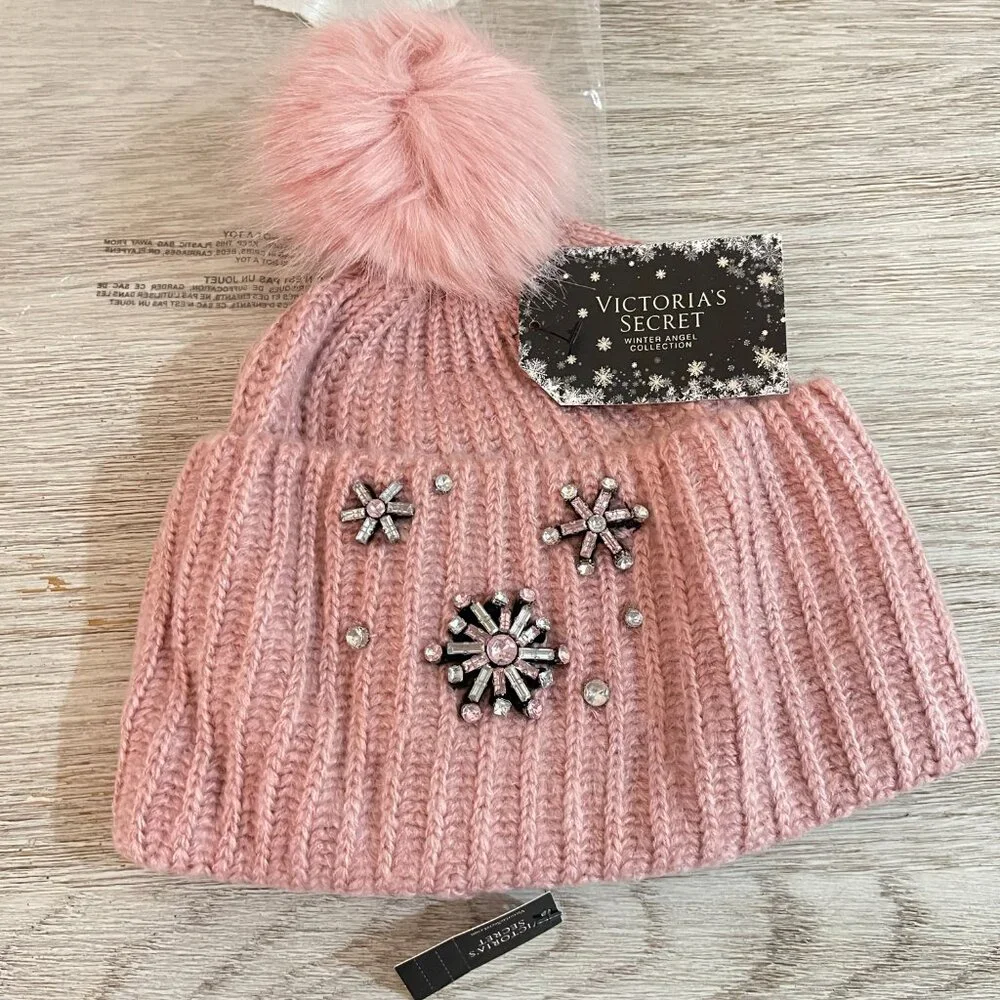 New Victoria's Secret Hat Snowflake Sparkle Pom Jewels Beanie Blush Pink NWT